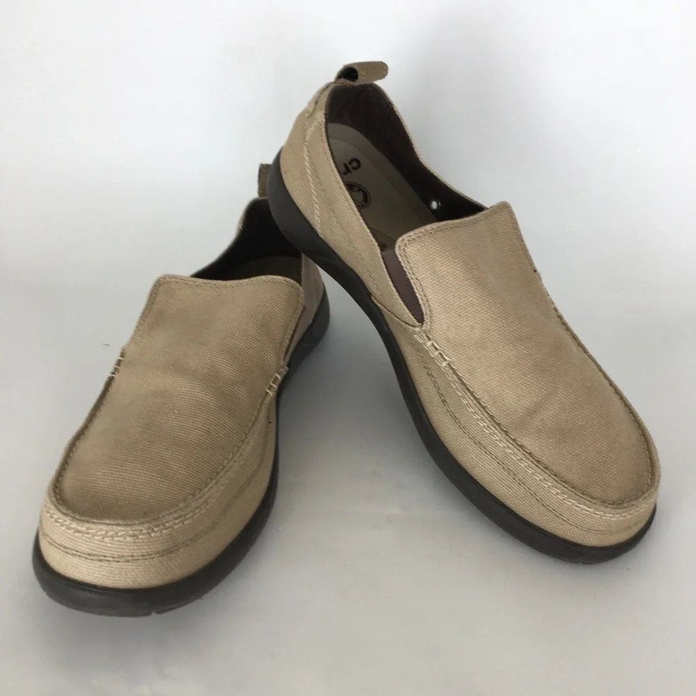 CROCS Walu Men’s Beige Canvas Slip-On Loafer Shoes with Dark Brown Sole Size 13